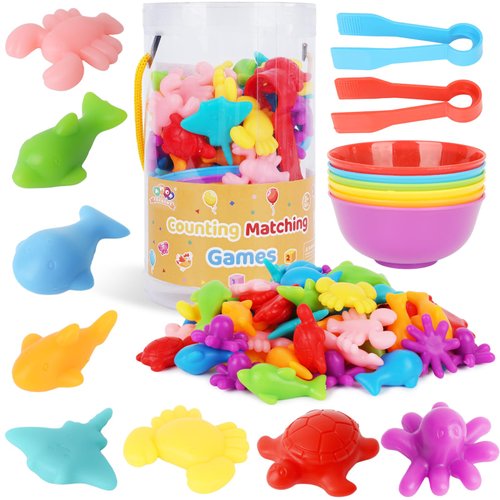 AMOR PRESENT 64PCS Counting Animals for Toddlers, Ocean Animal Matching Game Color Sorting Toys Montessori Educational Toys for Toddlers Ages 3 4 5 6