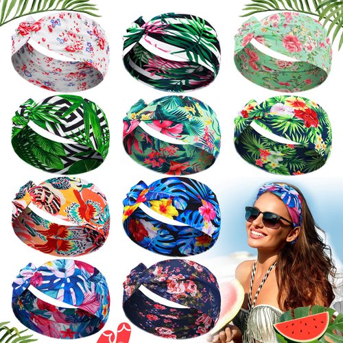 Jutom 10 Pcs Women's Headbands Beach Boho Headbands Summer Hawaii Knotted Headbands Elastic Turban Head Wrap Floral Vintage Headband Bohemian Twisted Criss Yoga Hair Band Accessories for Women