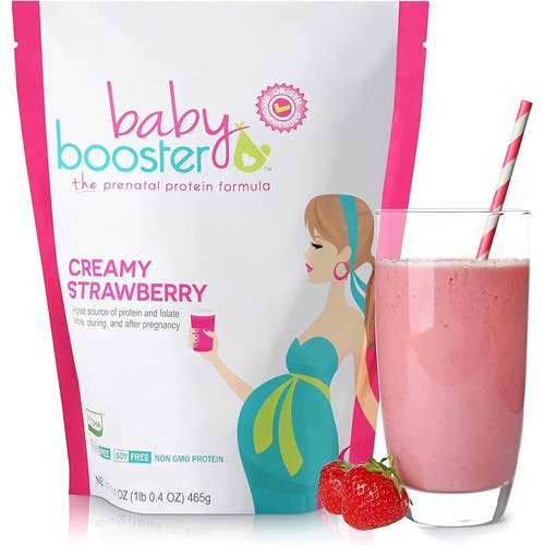 Baby Booster Creamy Strawberry Prenatal Vitamin Supplement and Protein Shake, Caffeine Free, All Natural, Vegetarian DHA, High Protein, Methyl Folate, B Vitamins, Great for Morning Sickness, 1 lb