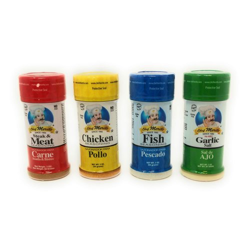 Chef Merito Mexican Seasoning Beef, Chicken, Fish, Garlic Salt Combo Pack 3 oz each. Great for dishes like Carne Asada, Chicken Fajitas, and Enchiladas, Grilled Meats, and Many More