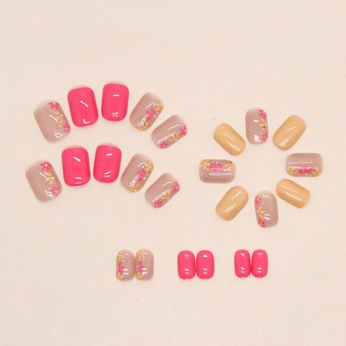 Press on Nails Short Flower Square Fake Nails Nude Acrylic Nails Full Cover False Nails with Floral Designs Summer Stick on Nails Flower Glue on Nails Glossy Artificial Nails for Women DIY Manicure