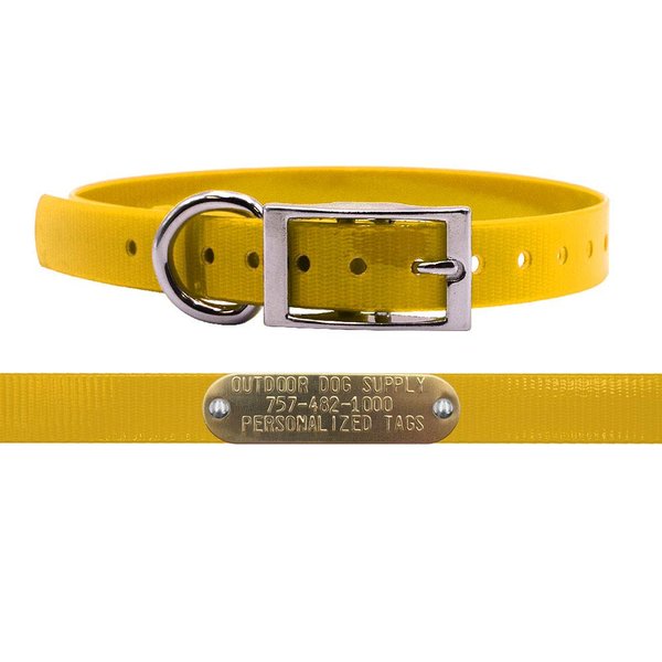 Outdoor Dog Supply's 3/4" Wide Solid D Ring Dog Collar Strap with Custom Brass Name Plate (School Bus Yellow)