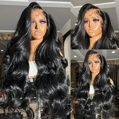 ANDRIA Body Wave Lace Front Wigs Glueless Lace Front Wig 13x4 HD Lace Front Wigs Synthetic Heat Resistant Fiber Hair Wig With Baby Hair Wigs For Black Women Long Loose Black Wig 26 Inches
