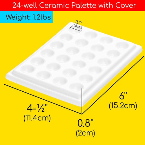 MEEDEN 24-Well Ceramic Watercolor Paint Palette with Cover, Porcelain Mixing Artist Palette 6 by 4-1/2 inch for Artist Watercolor Gouache Painting Coloring