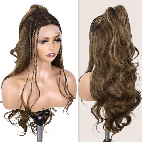 Lady Miranda Honey Blonde Wig Lace Front Wigs 13x4 Synthetic Lace Front Wig Pre-Plucked HD Lace Kanekalon Fiber Highlight Wigs for Black Women 26 inch Glueless Ready to Wear Wigs