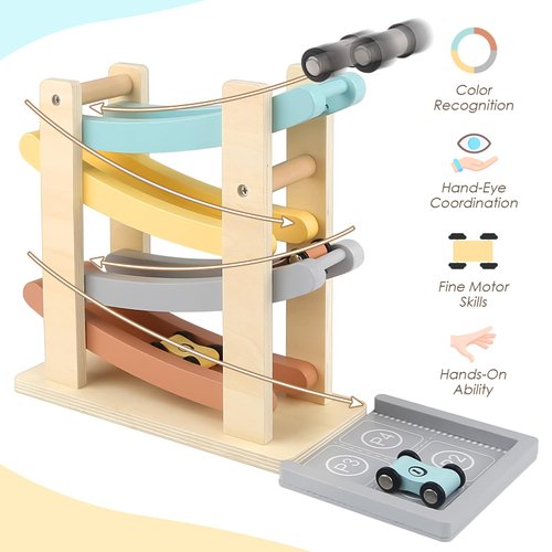 Wooden Car Ramp Toy for 1-2 Year Old Boy Girl Gifts - 4 Level Toddler Car Ramp Race Track Set with 4 Mini Cars & Garage - Montessori Baby Toys for 1 Year Old Christmas Birthday Gifts