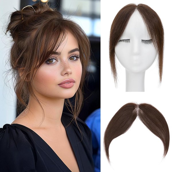 MY-LADY Clip in Bangs Middle Part Bangs, Bangs Hair Clip Human Hair, Clip on Bangs for Women, 100% Real Human Hair Bangs Hairpieces Fringe with Temples(Dark Brown)