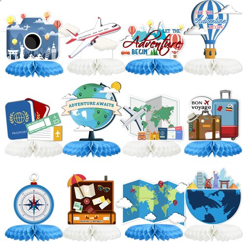 12PCS Travel Themed Party Decorations Travel Honeycomb Centerpieces Bon Voyage Party Decor Advent...