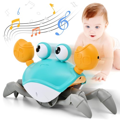 Crawly crab baby toy,Birthday Gifts for Toddler & Newborn, Light-Up Walking Dancing Moving Crab with Music & Obstacle Avoidance,Build in Rechargeable Battery for Crawling Crab Baby Interactive Toy