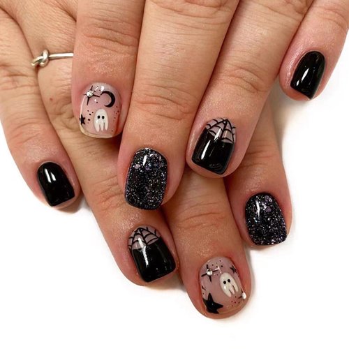 Halloween Press on Nails Square Short Fake Nails with Ghost Spider Web Designs French Tip Nails Press ons Glossy Glue on Nails Black False Nails Artificial Halloween Stick on Nails for Women 24 Pcs