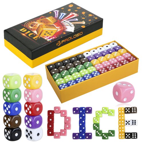 PROLOSO Standard Size D6 Game Dice 16mm 6-Sided Rounded Corner Dice Set in 10 Solid Colors with Storage Box for Party Games 100 Pcs