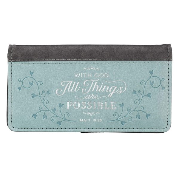 Christian Art Gifts Checkbook Cover for Women All Things Are Possible Christian Blue Wallet, Faux Leather Christian Checkbook Cover for Duplicate Checks & Credit Cards - Mathew 19:26