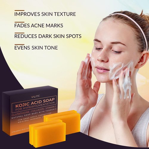 VALITIC Kojic Acid Soap for Hyperpigmentation - with Glutathione, Collagen & Vitamin C - Natural Soap Bars with Turmeric - Original Japanese Complex for Dark Spot Correction - 4 Pack