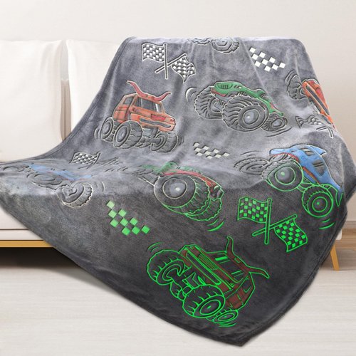 Boys Truck Car Toys Unique Gifts for Kids Glow in The Dark Blanket Valentine's Day Gifts Glowing Cartoon Tractor Throw Blanket Soft Fleece Blanket Excavators Room Bed Sofa Decor Blankets