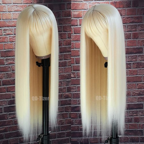 QD-Tizer #613 Blonde Long Straight Synthetic Hair Wigs with Bangs Women's Costume Wig Heat Resistant Hair Replacement Wig