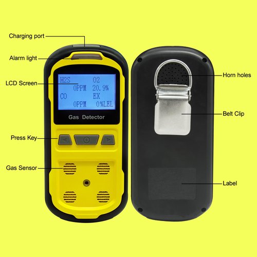 Upgraded 4 Gas Monitor Multi Gas Detector, Yfwsrecinoe Gas Leak Detector, Rechargeable 4 Gas Monitor Ex H2s Co O2 with LCD Multiple Indicator (Yellow)