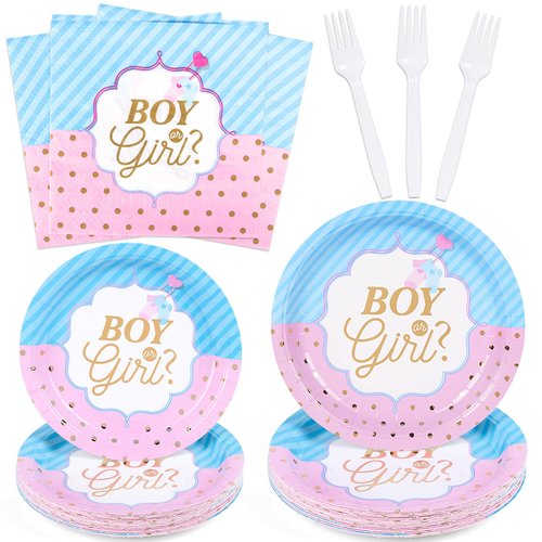 DECORLIFE Gender Reveal Plates Serves 24, Boy or Girl Gender Reveal Party Supplies Includes Napkins and Forks for Baby Shower Reveal Party Decorations, Total 96PCS