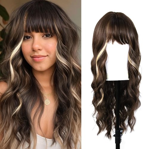 Qingchuang Brown Wig with Bangs for Women, 26 inch Long Wavy Brown Highlight Wig, Body wavy Wavy Synthetic Wigs for Girls Cosplay,Halloween Daily Party Use