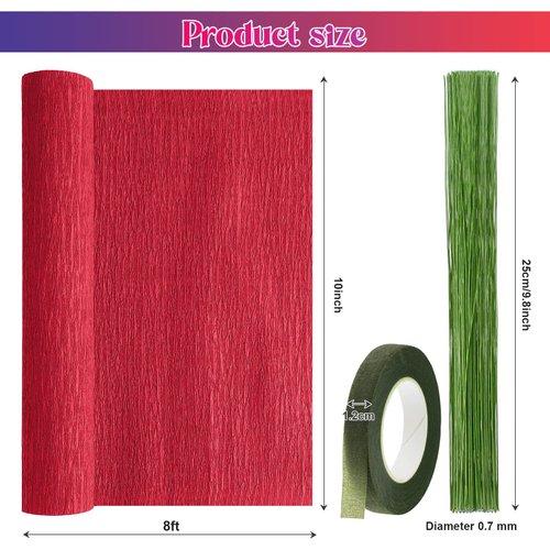 12 Rolls Crepe Paper Rolls 12 Colors Wide Crepe Paper Streamer 10 Inch x 8 Feet Assorted Streamers with Floral Stem Wire and Green Floral Tapes for Birthday Party Ornament (9.8 Inch, Elegant Colors)