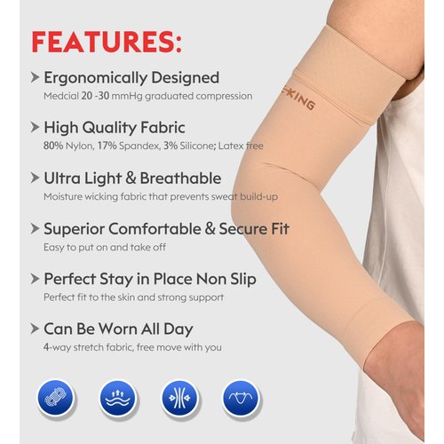 KEKING Lymphedema Compression Arm Sleeves with Silicone Band for Men Women (Pair), 20-30 mmHg Graduated Compression for Lipedema, Edema, Post Surgery Recovery, Swelling, Pain Relief, Beige L