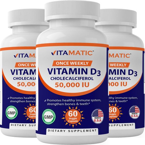 Vitamatic 3 Pack Vitamin D3 50,000 IU (as Cholecalciferol), Once Weekly Dose, 1250 mcg, 60 Veggie Capsules 1 Year Supply, Progressive Formula Helping Vitamin D Deficiencies