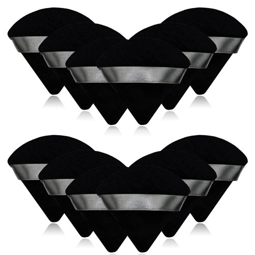 12 Pieces Black Cosmetic Powder Puff,2.76 inch Portable Soft Sponge Setting Face Puffs,Triangle Velvet Powder Puff with Ribbon Band Handle for Loose Powder Body Powder Makeup Tool