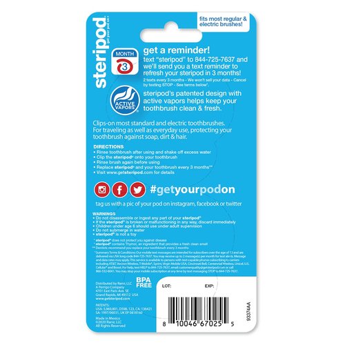 Steripod Clip-On Toothbrush Protector, Clear Blue and Clear Green, 2 Count