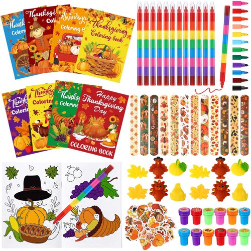 Seajan 110 Pcs Thanksgiving Party Favors Set Thanksgiving Coloring Books Party Favor Bulk with Crayons Slap Bracelets Stamps Stickers Items for Fall Activities Prizes Goodie Bags Stuffers Fillers