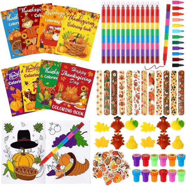 Seajan 110 Pcs Thanksgiving Party Favors Set Thanksgiving Coloring Books Party Favor Bulk with Crayons Slap Bracelets Stamps Stickers Items for Fall Activities Prizes Goodie Bags Stuffers Fillers