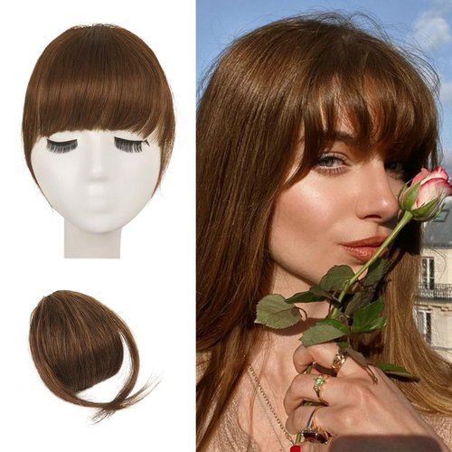 BARSDAR Real Human Hair Clip in Bangs - Thick Human Hair Bangs Clip in for Women - Brown Hair Bangs Extensions Clip in Real Human Hair Bangs Clip on Fringe Hairpieces Daily - Golden Chestnut Brown