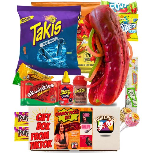 Chamoy Pickle Kit With Blue Takis & Flamin Hot Cheetos-Mexican Candy Gift Box-Tiktok Trend Items-Dulces Mexicanos-(2.4 lbs) 14 Piece Kit by Food Crush