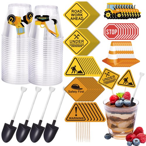 Whaline 200Pcs Construction Party Supplies 50Pcs Plastic Shovel Shape Novelty Spoons 50Pcs Cake Desserts Cups 50Pcs Construction Cupcake Toppers Stickers for Construction Themed Birthday Party