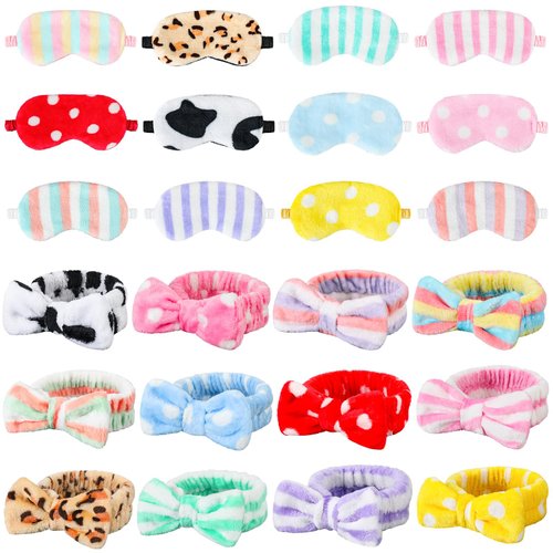 Xuhal 24 Pcs Spa Party Favors for Women Soft Makeup Headband for Washing Face Sleepover Party Supplies Sleep Eye Mask Bow Hair Bands for Sleepover Shower Gifts(Dots and Stripes)