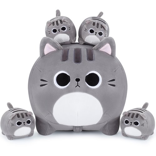 Grey Cat Plush, 5 PCS Cat Plush Stuffed Animal Family, 16&quot; Grey Cat Mommy Cat with 4 Baby Kittens...