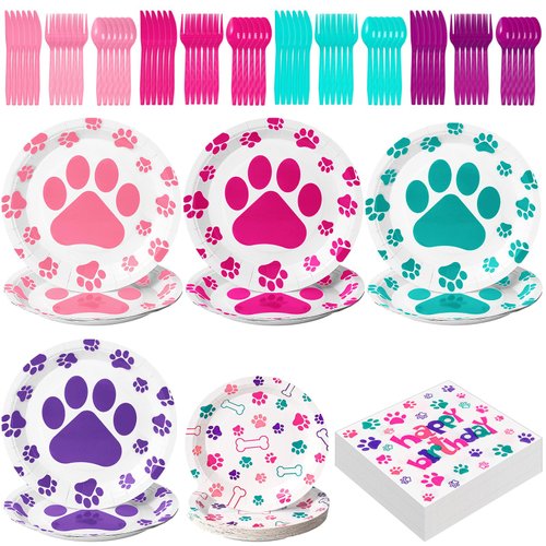 Gejoy 96 Pcs Dog Paw Birthday Party Supplies Tableware Kit Include Plates Knives Forks Spoons Napkins for Boy Girls Birthday Party Decorations Serve 24 Guests(Sweet Color)