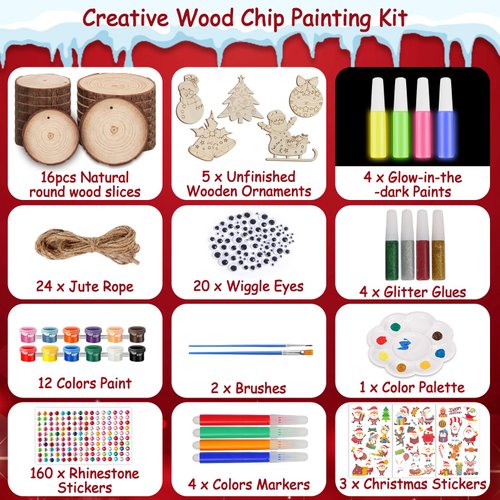 Kids Wooden Painting Kit, Glow in The Dark Arts and Crafts for Boys Girls Ages 4-12, DIY Natural Wood Slice Ornament Kit, Party Home Decor, Creative Art Toys Gift for 4 5 6 7 8 9 10 11 12 Years Old