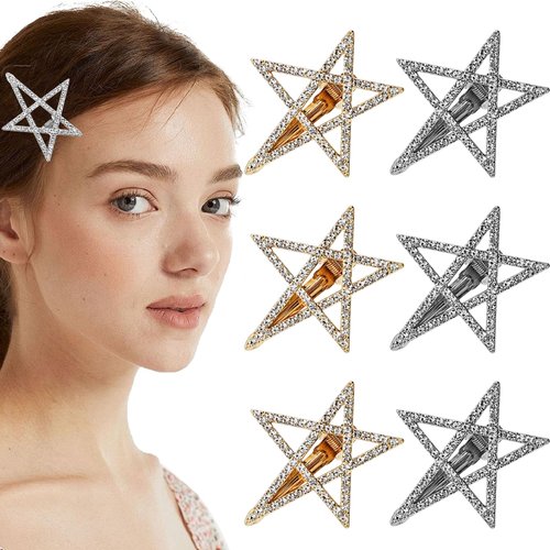 6 PACK Y2K Rhinestones Star Hair Clips Non-slip Cute Lovely Metal Star Hair Barrettes Hair Accessories for Women Girls 2000s Y2K Fringes, Ponytails
