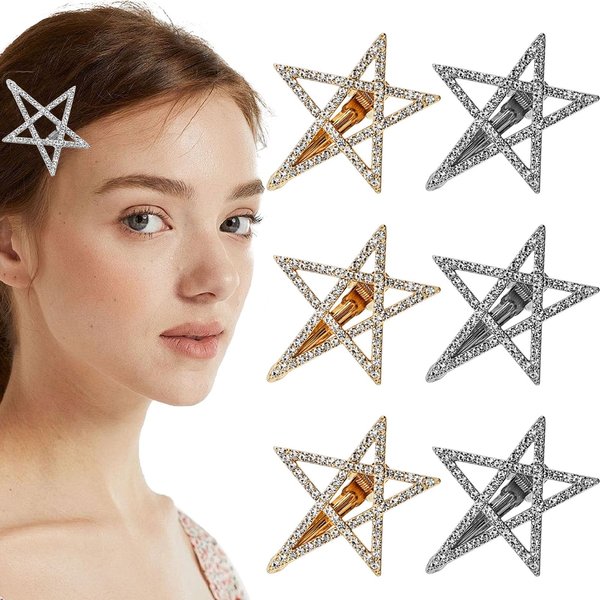 6 PACK Y2K Rhinestones Star Hair Clips Non-slip Cute Lovely Metal Star Hair Barrettes Hair Accessories for Women Girls 2000s Y2K Fringes, Ponytails