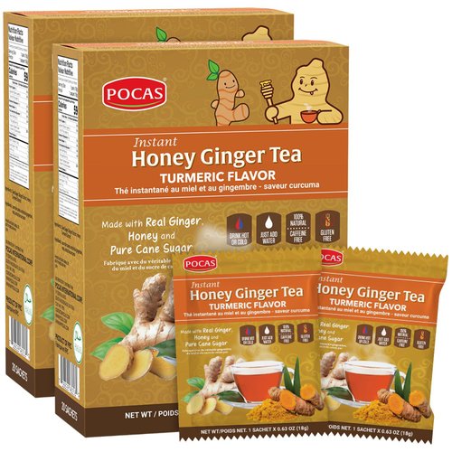 Pocas Honey Ginger Tea - Instant Tea Powder Packets with Turmeric Ginger Honey Crystals Tea, Non-GMO/Gluten Free/Caffeine Free Tea, 20 Count (Pack of 2)
