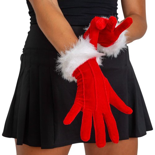 Skeleteen Red Fur Costume Gloves - Red Velvet Gloves with White Furry Cuff Accessories for Costumes for Women and Kids