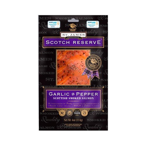 St. James Smokehouse SCOTTISH RESERVE SMOKED SALMON WITH GARLIC & PEPPER 8 oz, Translucent Pink