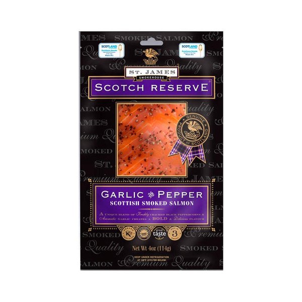 St. James Smokehouse SCOTTISH RESERVE SMOKED SALMON WITH GARLIC & PEPPER 8 oz, Translucent Pink