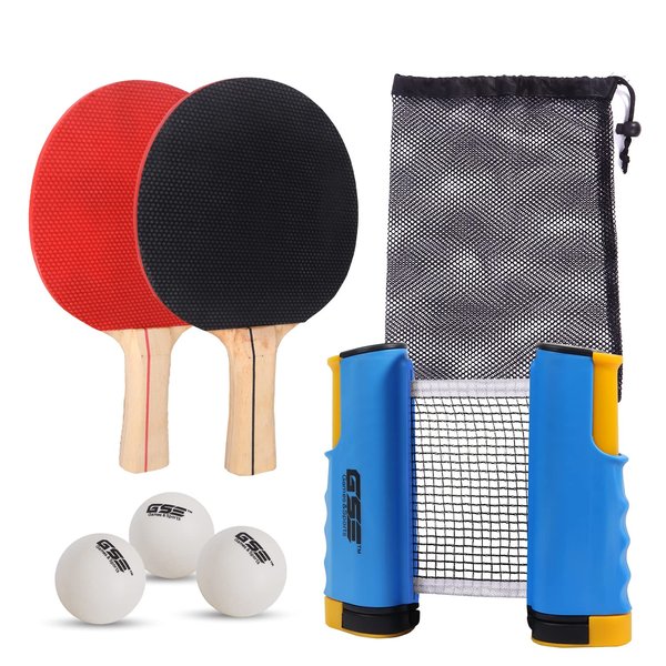 GSE Ping Pong Paddle Set, Portable Table Tennis Set with Retractable Ping Pong Net & Post, 2 Paddles & 3 Ping Pong Balls, Anywhere to-Go Ping Pong Game Set for Any Tables(Blue)