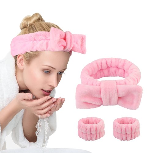 UNIMEIX 3 Pack Spa Headband and Wrist Washband Face Wash Set,Reusable Soft Makeup Headband Fleece Skincare Headbands for Washing Face Shower (Pink)