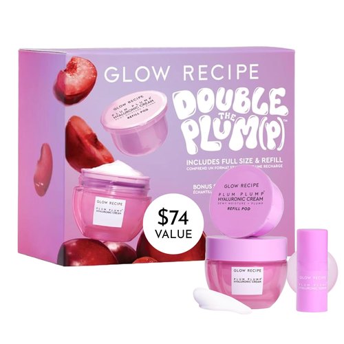 Glow Recipe Double the Plump Korean Skin Care Gift Set - Plum Plump Hyaluronic Acid Moisturizer Face Cream + Refill Pod + Travel Size Plum Plump Hyaluronic Acid Serum (3 Count)
