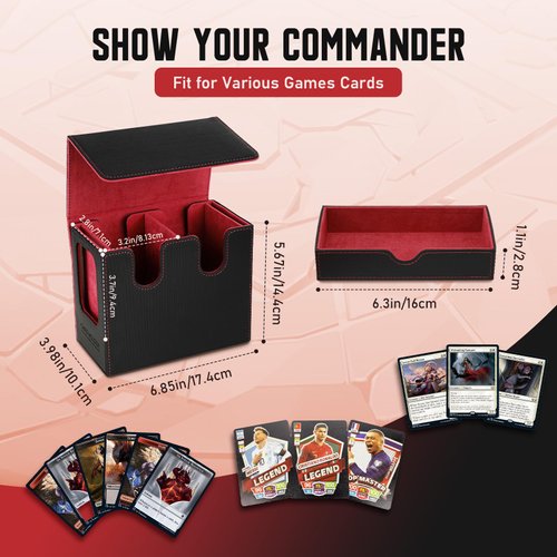 TiMOVO MTG Deck Box, MTG Commander Card Deck Box with Commander Display & Dice Tray Fits 400+ Unsleeved Cards, Leather Magnetic Card Storage Case with 6 Dividers for TCG CCG Magic Cards, Black+Red