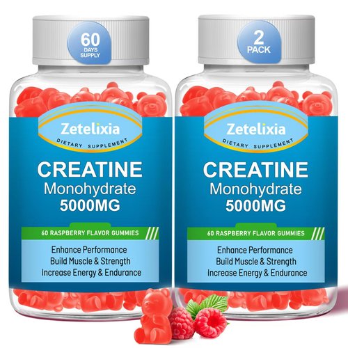 Zetelixia 2 Pack Creatine Monohydrate Gummies, Creatine Monohydrate for Men & Women, Enhanced Formula with BCAA, Vitamin B12, Taurine, Muscle Support, Energy Boost, Sugar Free, Vegan, 120 Count