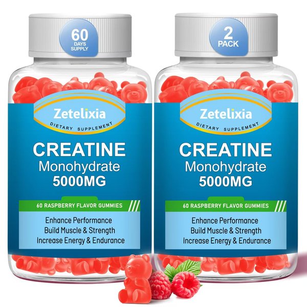 Zetelixia 2 Pack Creatine Monohydrate Gummies, Creatine Monohydrate for Men & Women, Enhanced Formula with BCAA, Vitamin B12, Taurine, Muscle Support, Energy Boost, Sugar Free, Vegan, 120 Count