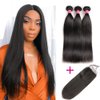 Brazilian Straight Hair With Closure 3 Bundles Unprocessed Virgin Human Hair Bundles With Lace Closure Free Part Hair Extensions Natural Color (20 22 24+18",Free Part)