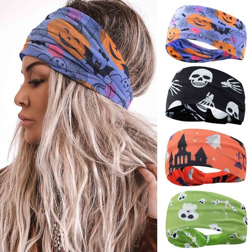 Olbye Headband - Wide Headbands for Women, Halloween Hairbands, Ghost Nonslip Turban Head Wraps, Workout Skull Cosplay Hairband, Yoga Hair Scarfs, 4 Count (Pack of 1), Polyester, Spandex